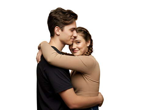 A couple giving each other a side hug on transparent background