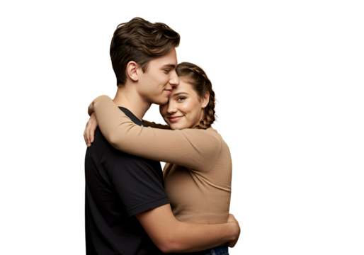 A couple giving each other a side hug on transparent background