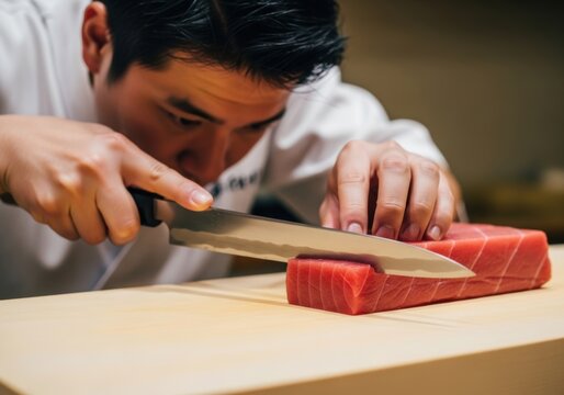 Sushi Chef Slicing Fresh Tuna, a professional cook uses a sharp knife to prepare fish for Japanese cuisine