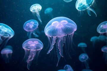 Fototapeta premium Bioluminescent Jellyfish Floating in Dark Ocean – Ethereal Underwater Wildlife Concept 