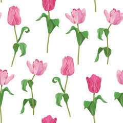 Seamless vector illustration with pink tulips flowers on a white background. For decorating textiles, packaging, wallpaper.