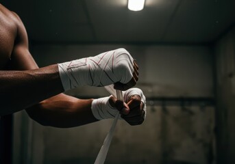 Boxer Hands Wrapping Fists Tape, a fighter prepares for a match or training, a close-up of a combat sport