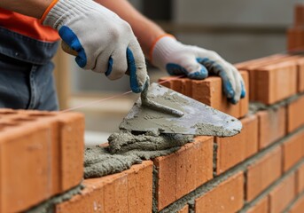 Construction Worker Laying Bricks, a builder uses a trowel and mortar to build a wall, a close-up of industrial work