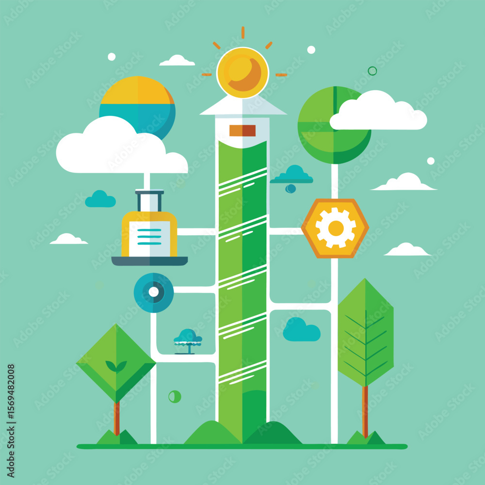 Poster conceptual illustration of a lighthouse with abstract elements representing ideas and concepts again