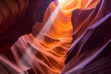 Obraz premium Sunlit Antelope Slot Canyon with Sculpted Red Rock Walls and Mossy Texture – Natural Wonder Landscape 