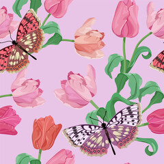 Seamless vector illustration with pink tulips flowers and butterflies. For decorating textiles, packaging, wallpaper.