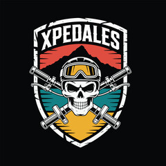 Skull wearing goggles and helmet with crossed handlebars in a shield emblem