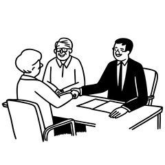 Happy old couple clients make financial deal handshake meeting lawyer