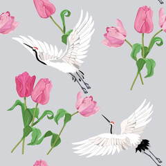 Seamless background with tulips and cranes on blue background. For decoration textile, packaging, wallpaper. Vector illustration.