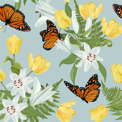 Seamless vector illustration with delicate lilies, tulips and butterflies on a blue background. For decorating textiles, packaging.
