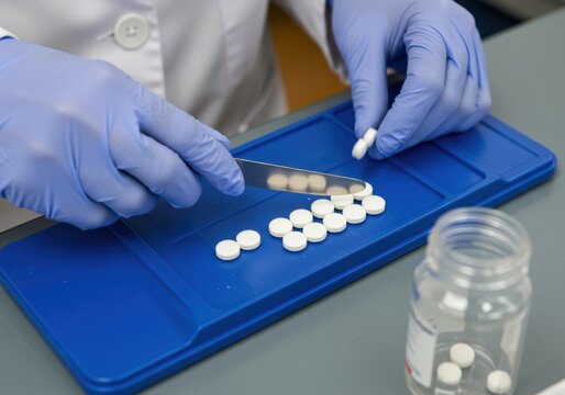 Pharmacist Counting Pills on Tray, a medical professional dispenses prescription medicine in a pharmacy
