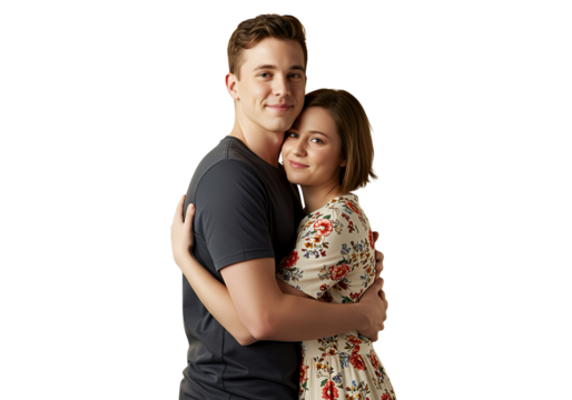 A couple giving each other a side hug on transparent background