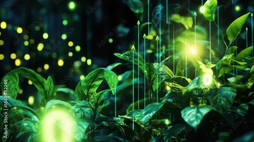 Poster plants growing with digital data lines animation visual