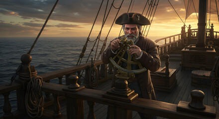 Obraz premium Sailor using a compass on deck at golden hour