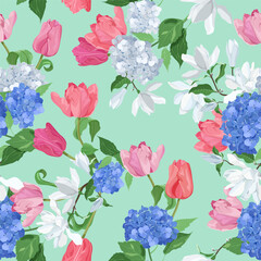 Seamless vector illustration with hydrangea, tulips and magnolia on a turquoise background. For decorating textiles, packaging, paper.
