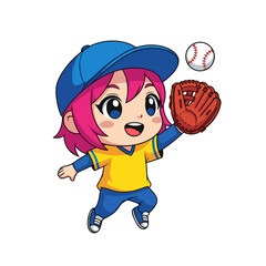Cute chibi girl jumping up to catch a baseball in her leather glove mitt - isolated white background illustration