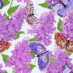 Seamless vector illustration with blooming lilac and butterflies. For decorating textiles, packaging.