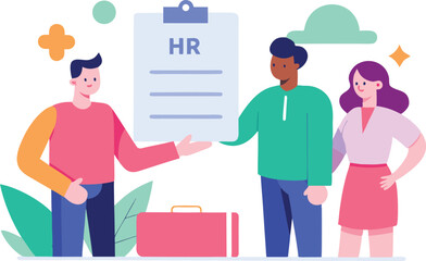 People greeting new colleague with hr document and briefcase business onboarding