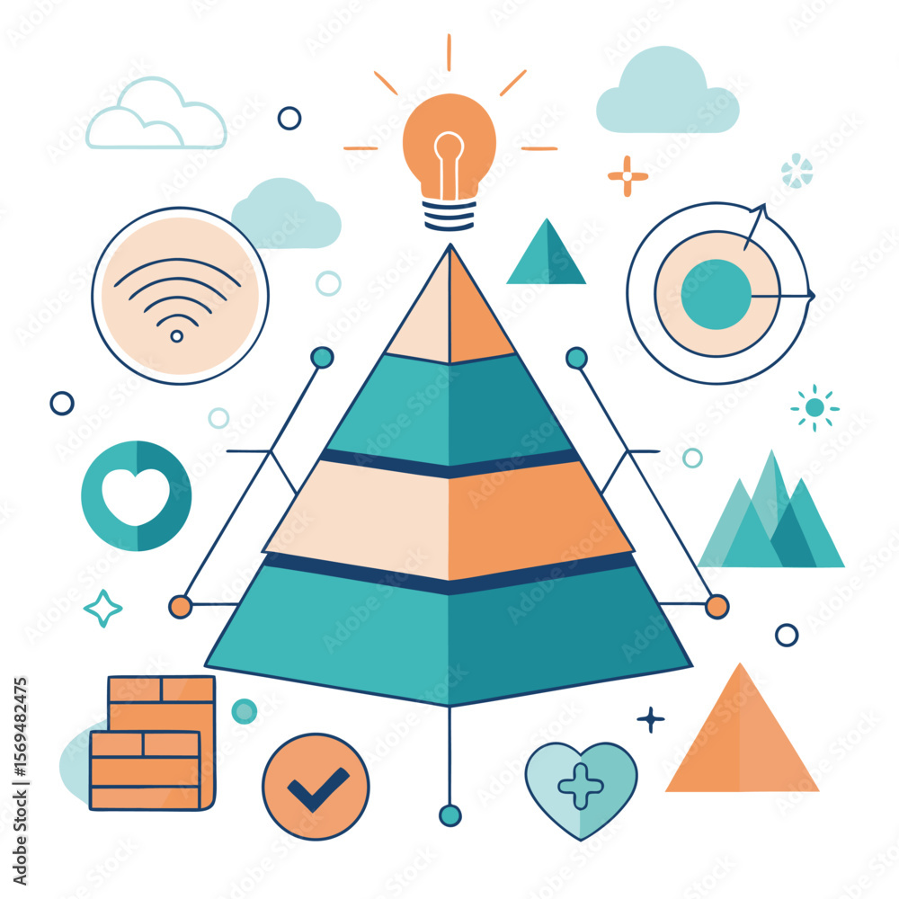 Poster creative conceptual illustration of a pyramid structure with related icons and design elements on a 