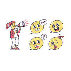 Young woman with megaphone announcing to expressive speech bubbles with different emotions and reactions