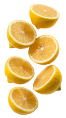 Fototapeta premium Flying yellow lemon and half slices isolated on transparent white background 