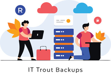 People securing data with laptops and servers technology security