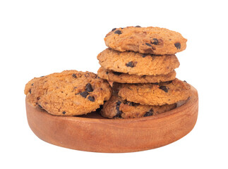 chocolate chip cookies in a wooden bowl isolated on transparent background