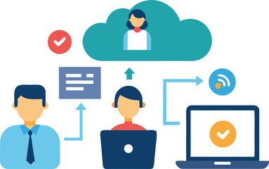 People syncing data with cloud and laptop vector