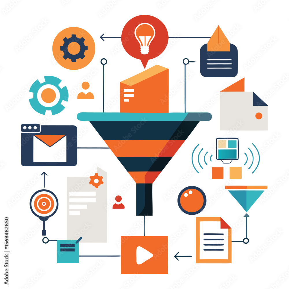 Poster data processing and information flow illustrated by funnel connected with various symbolic elements