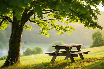 Wooden Picnic Table Under Tree in Morning Light