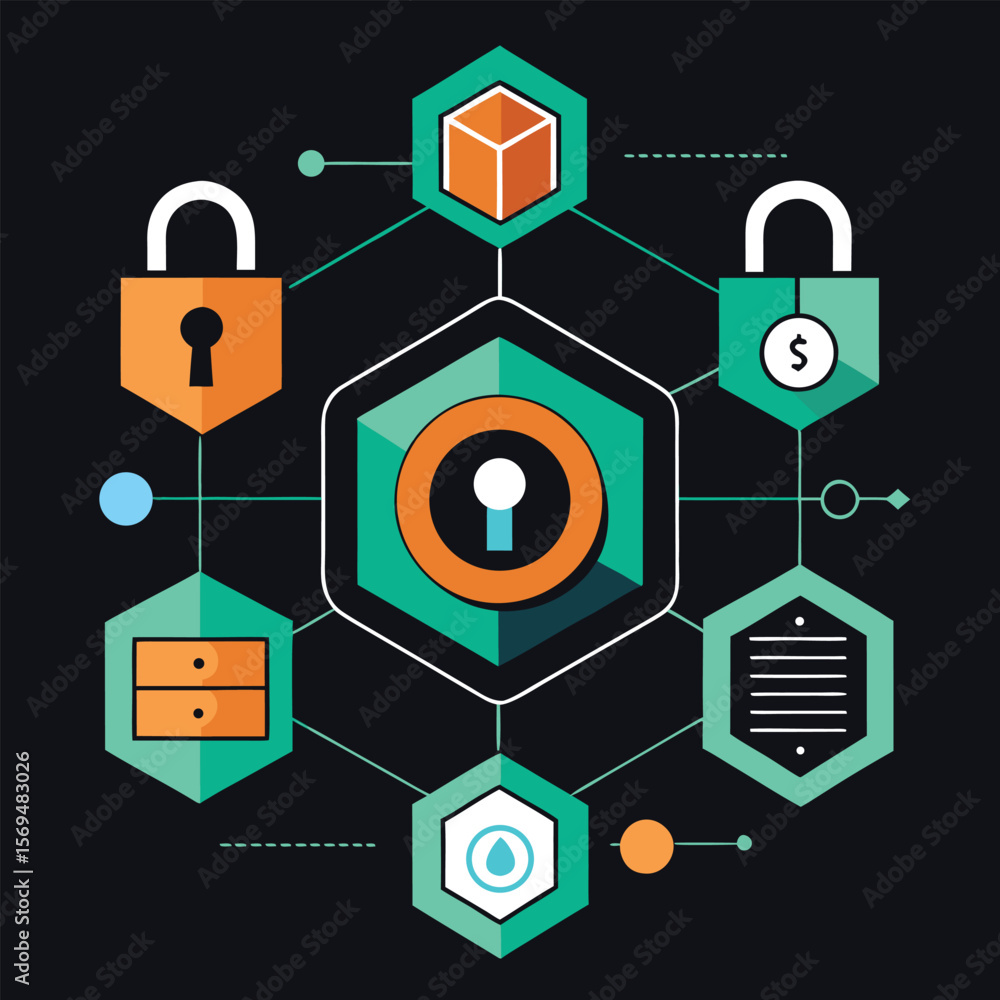 Poster data security conceptual illustration depicting cyber protection with hexagon elements in a futurist