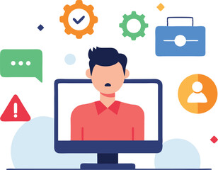 Person on computer screen with support icons technology vector