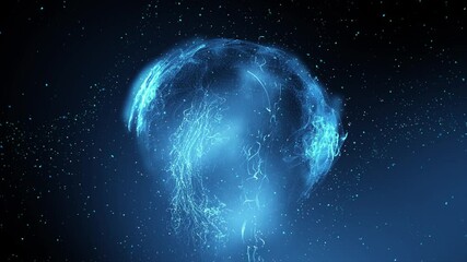 Blue plasma energy sphere, glowing particle burst, abstract digital explosion, futuristic space effect, sci-fi light ball animation, cosmic nebula orb design - Powered by Adobe
