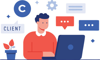 Person working on laptop with chat bubbles and plant computer technology