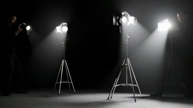 Studio Stage with Flashing Cinema Lights and Photographers Camera Bursts &ndash; Cinematic Lighting on Dark Textured Floor in Looping Flash Sequence