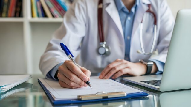 Focused physician taking notes during patient consultation, recording medical information with a pen in hand, wearing a lab coat and stethoscope in a modern office environment.