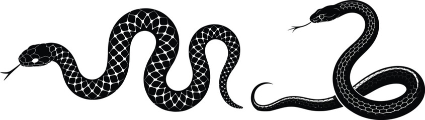 Two black silhouette snakes with detailed scales coiled and slithering on white background