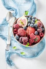 Sweet ice cream sorbet with mix of frozen fruits