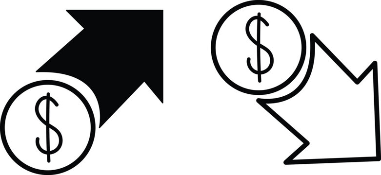  rate or price increase and decrease icon set , symbol dollar, money, coin sign with up arrow and down vector illustration flat design, 