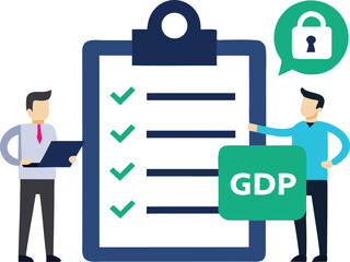 Business professionals reviewing checklist and G D P data clipboard vector