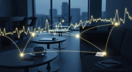 Dynamic Data Network Overlay in Modern Business Environment Symbolizing Global Market Trends and Technological Connectivity for Financial Insight and Strategic Growth