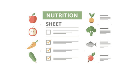 Nutrition Sheet with Icons of Healthy Food and Checkboxes, Flat Vector
