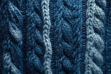 Cozy blue knit texture with intricate cable patterns closeup for creative backgrounds