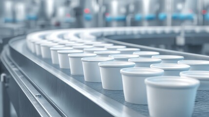 White yogurt cups on conveyor belt in dairy processing facility, heading to filling station
