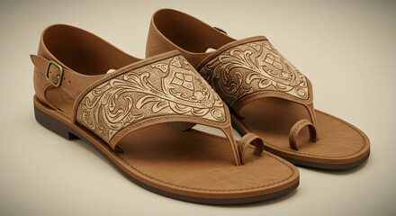 Pair of Leather Sandals with Embossed Floral Design Stylish Summer Footwear