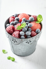 Fresh ice cream sorbet with mix of summer fruits.