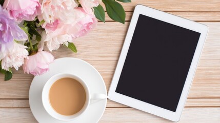A serene coffee moment with a tablet and peonies on a wooden table, perfect for relaxation