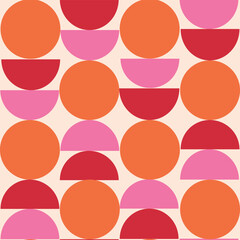 Mid century geometric circles and half circles seamless pattern in orange, pink and red. For poster, home décor, wallpaper and fabric