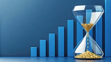 Economic growth and inflation concept. An hourglass filled with gold sits beside a rising bar graph on a blue background.