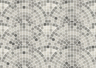 Seamless mosaic pattern with round waves in portuguese style, gray geometric decorative scales pavement, stone tiling with water ornament, vector